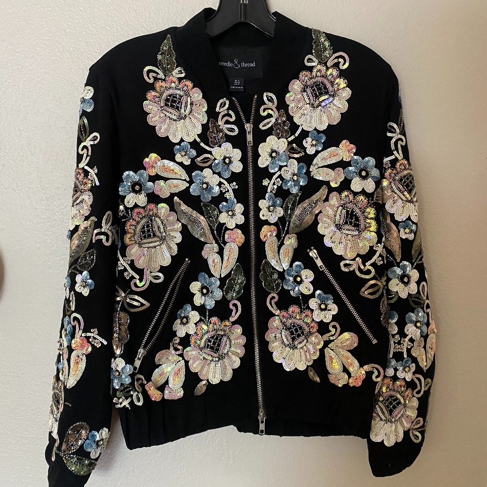 Needle & Thread Sequin Embroidered Bomber Jacket Size 4